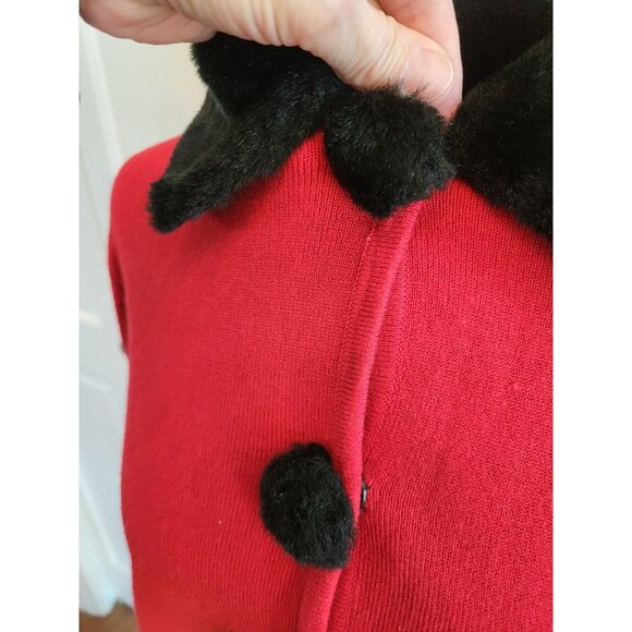 Vintage Y2k Red/Black Cardigan Faux Fur Collar M Party Festive Retro Christmas - Picture 6 of 8